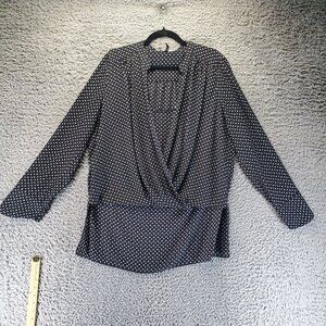 BCBG MAXAZRIA Top Womens Large Black Dot Surplice Wrap Long Sleeve Blouse